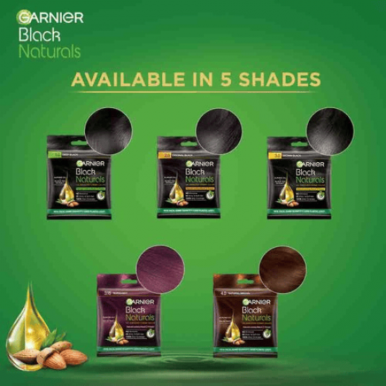 GARNIER BLACK NATURAL HAIR COLOR | SHADE - 1.0 DEEP BLACK | NO AMONIA | 5X SHINY* & SOFT HAIR | 100% GREY COVERAGE | 20ML + 20G