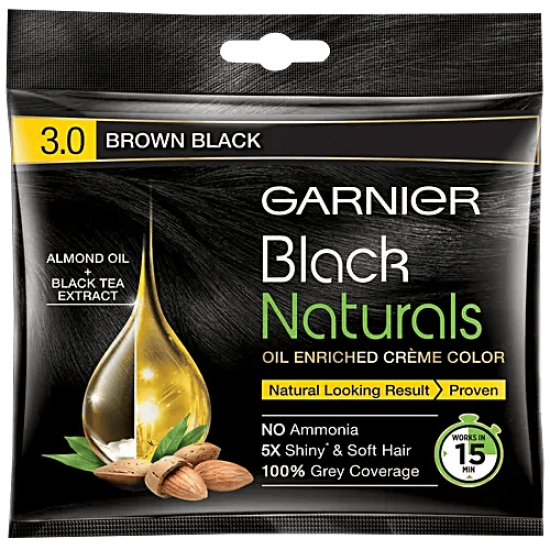 GARNIER BLACK NATURAL HAIR COLOR | SHADE - 3.0 BROWN BLACK | NO AMONIA | 5X SHINY* & SOFT HAIR | 100% GREY COVERAGE | 20ML + 20G