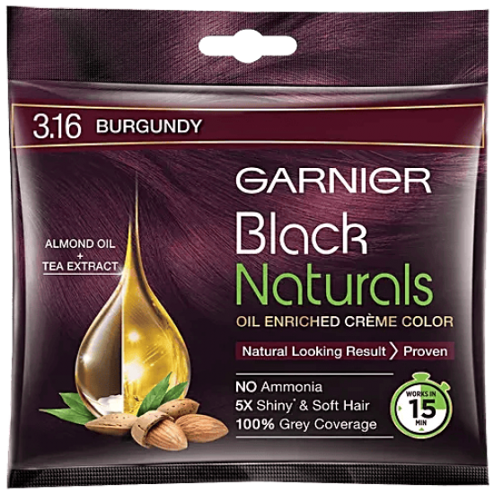 GARNIER BLACK NATURAL HAIR COLOR | SHADE - 3.16 BURGUNDY | NO AMONIA | 5X SHINY* & SOFT HAIR | 100% GREY COVERAGE | 20ML + 20G