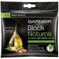 GARNIER BLACK NATURAL HAIR COLOR | SHADE - 1.0 DEEP BLACK | NO AMONIA | 5X SHINY* & SOFT HAIR | 100% GREY COVERAGE | 20ML + 20G