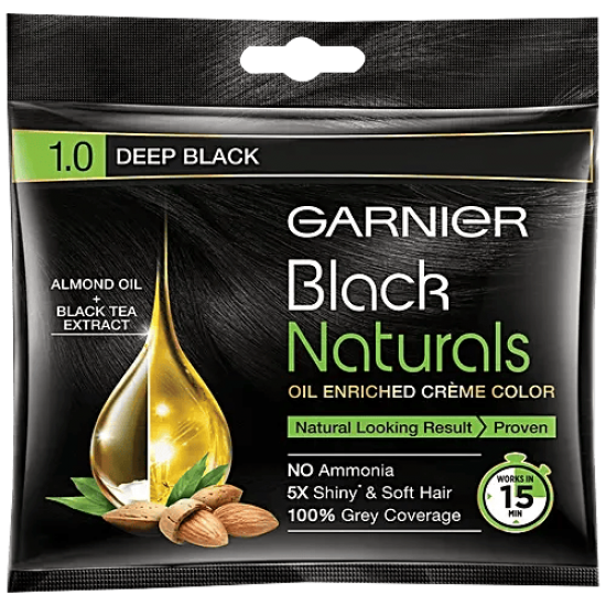 GARNIER BLACK NATURAL HAIR COLOR | SHADE - 1.0 DEEP BLACK | NO AMONIA | 5X SHINY* & SOFT HAIR | 100% GREY COVERAGE | 20ML + 20G