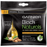 GARNIER BLACK NATURAL HAIR COLOR | SHADE - 2.0 ORIGINAL BLACK | NO AMONIA | 5X SHINY* & SOFT HAIR | 100% GREY COVERAGE | 20ML + 20G