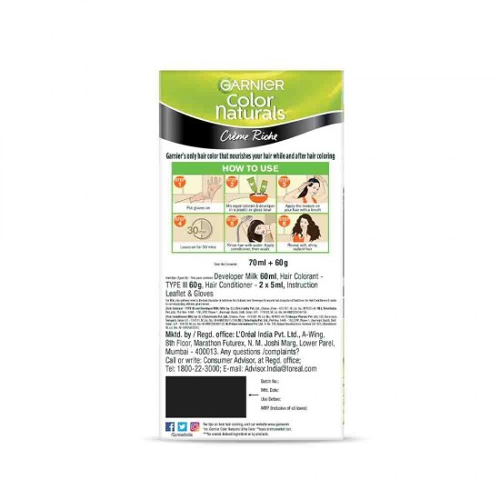GARNIER COLOR NATURALS | CREM RICH | NO AMONIA | NOURISHING HAIR COLOR | SHADE - 1 NATURAL BLACK | 35ML+30G