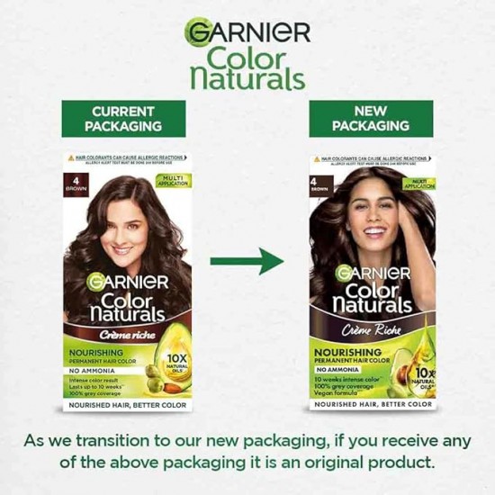 GARNIER COLOR NATURALS | CREM RICH | NO AMONIA | NOURISHING HAIR COLOR | SHADE - 4 BROWN | 35ML+30G