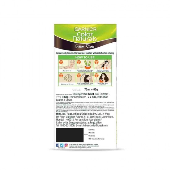 GARNIER COLOR NATURALS | CREM RICH | NO AMONIA | NOURISHING HAIR COLOR | SHADE - 4 BROWN | 35ML+30G