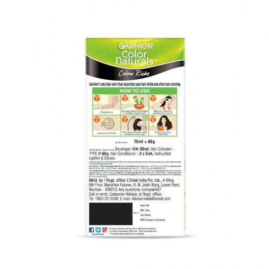 GARNIER COLOR NATURALS | CREM RICH | NO AMONIA | NOURISHING HAIR COLOR | SHADE - 3 DARK BROWN | 35ML+30G