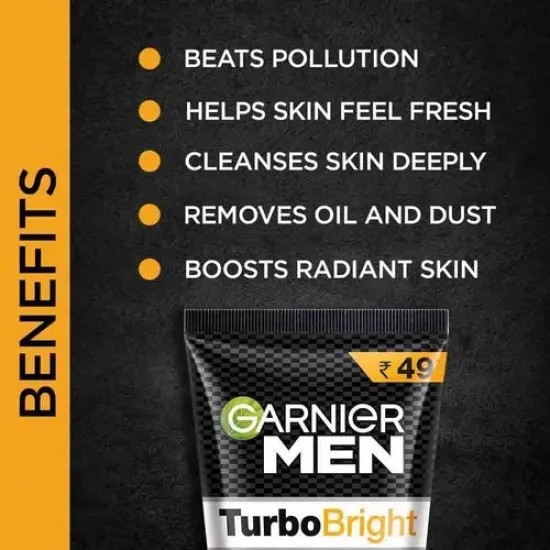 GARNIER MEN TURBO BRIGHT ANTI-POLLUTION DOUBLE ACTION FACE WASH 50G
