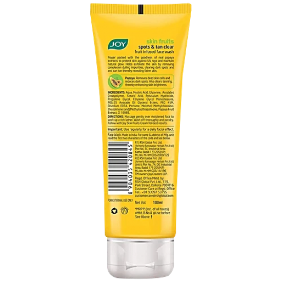 JOY SKIN FRUITS PAPAYA FACE WASH | SPOTS & TAN CLEAR | CLEARS DARK SPOTS | FOR ALL SKIN TYPES | 100ML